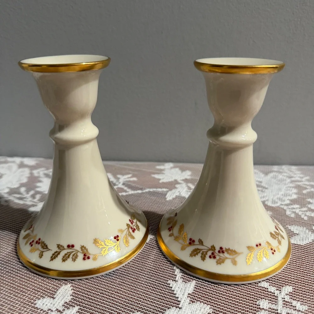 Lenox Eternal Christmas Candlestick Holders Set 2 Ivory Gold Holiday Excellent